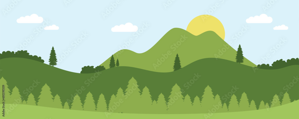 natural landscape background and sun over hills with clouds and pine trees