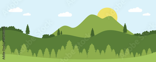 natural landscape background and sun over hills with clouds and pine trees