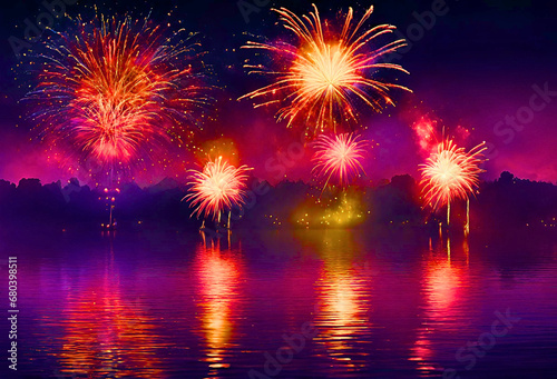 fireworks on the river, fireworks over the river, fireworks in the night sky, fireworks over the river in the night sky