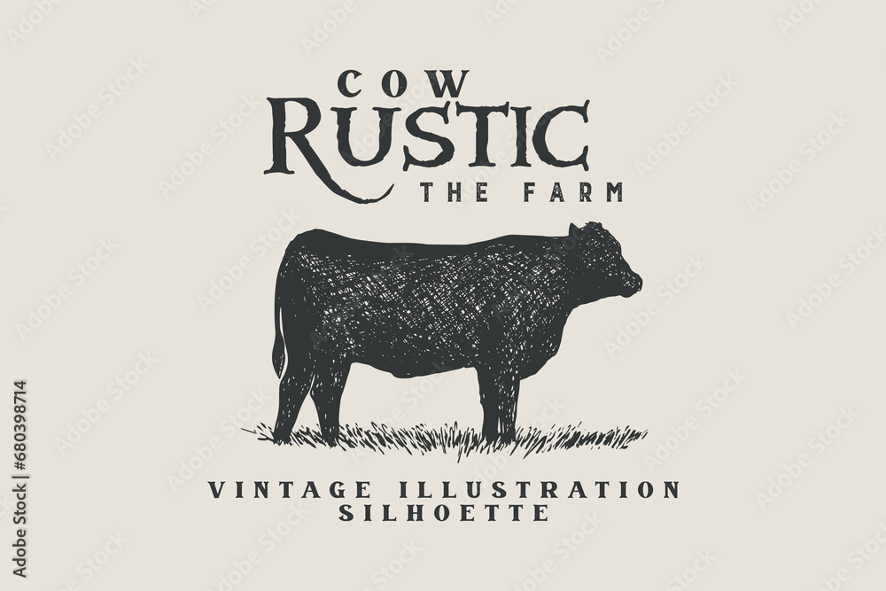 Vector illustration of cow design inspiration with texture, classic retro vintage style - obrazy, fototapety, plakaty 