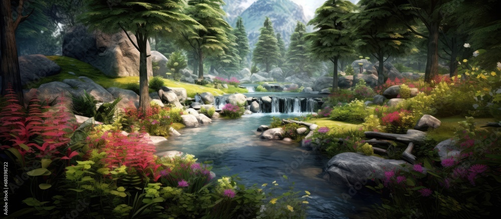 Fototapeta premium lush green forest, a majestic mountain stood tall, providing a stunning background to the vibrant spring garden, filled with colorful flowers and lush plants. The soothing sound of water flowing