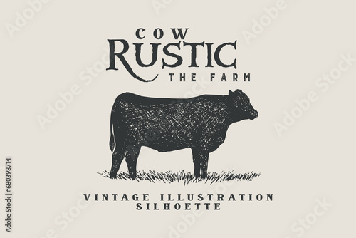 Vector illustration of cow design inspiration with texture, classic retro vintage style photo