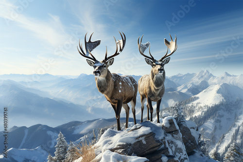 a pair of deer on the top of a mountain photo