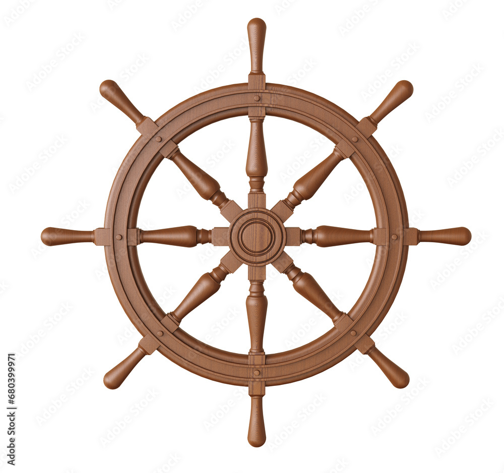 Ship wooden steering wheel. The boat steering wheel