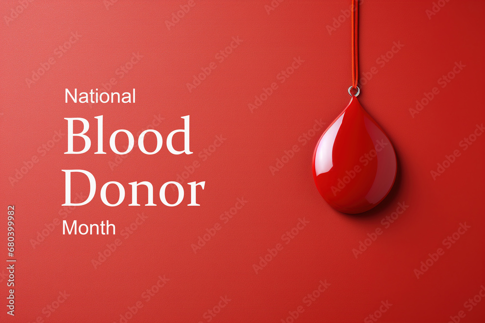 January national blood donor month concept. Pendant drop of blood and text on a red background, poster - obrazy, fototapety, plakaty 