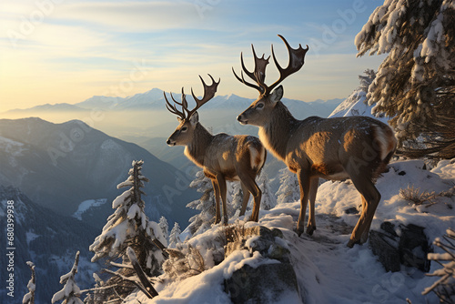 a pair of deer on the top of a mountain