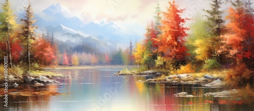 tranquil forest, the autumn breeze rustles through the colorful leaves, as the trees stand tall, painting the landscape with their natural, vibrant hues, creating a romantic and picturesque scene. The