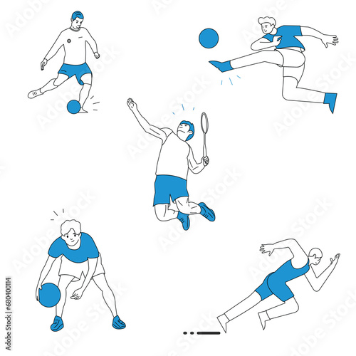 Set of vector design football, running, badminton and basketball players. for banner and website design element. flat design of player sports game soccer, sprint, basketball vector illustration
