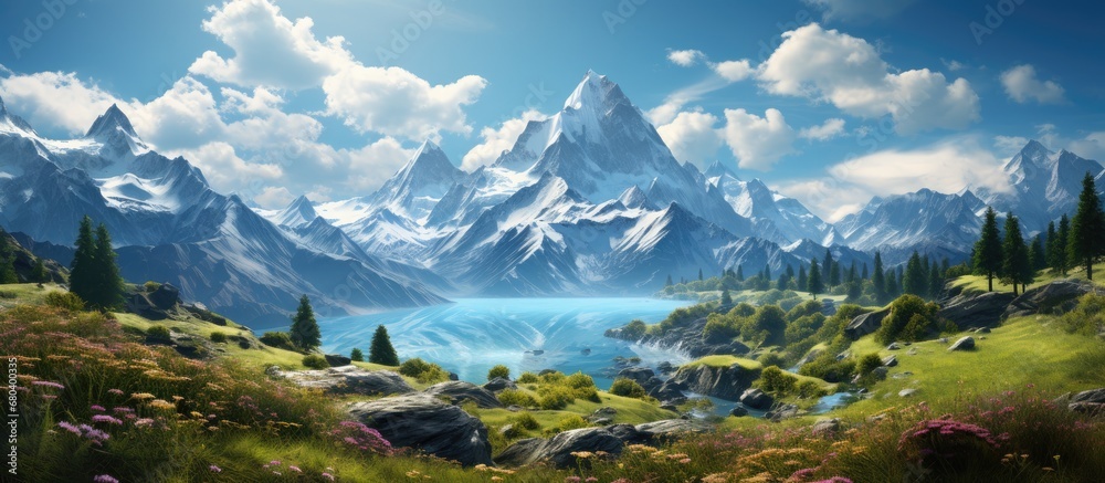Obraz premium background of a picturesque summer landscape, the stunning beauty of nature unfolds as the majestic mountains meet the tranquil lake in perfect harmony.
