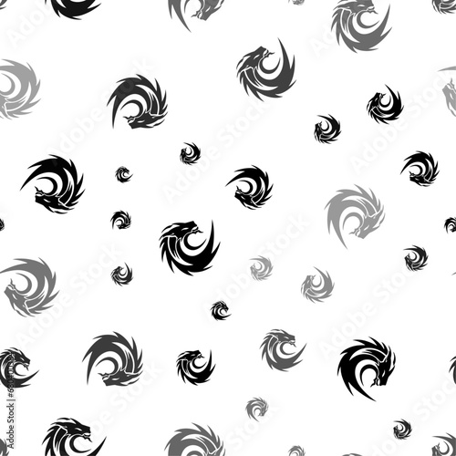 Seamless vector pattern with dragon's head symbols, creating a creative monochrome background with rotated elements. Vector illustration on white background