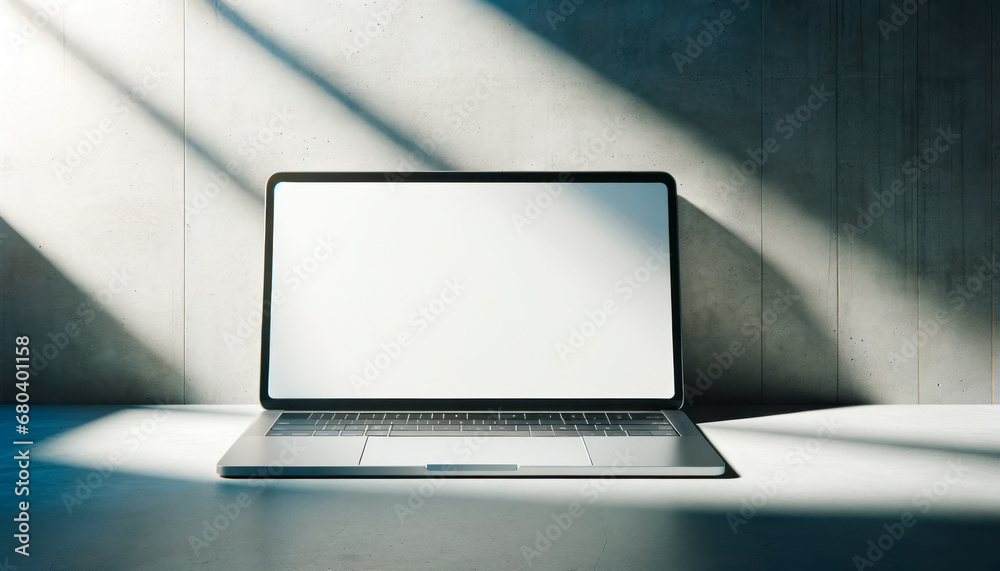 Laptop with blank screen on office desk bathed in natural light, modern workspace. Generative AI Laptop with blank screen on office desk bathed in natural light, modern workspace. Generative AI