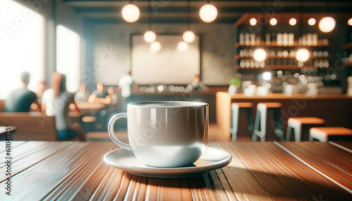 Warm coffee cup on wooden cafe table with soft background lighting. Generative AI