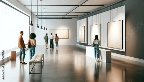 Art enthusiasts observing blank poster frames in a contemporary gallery setting. Generative AI