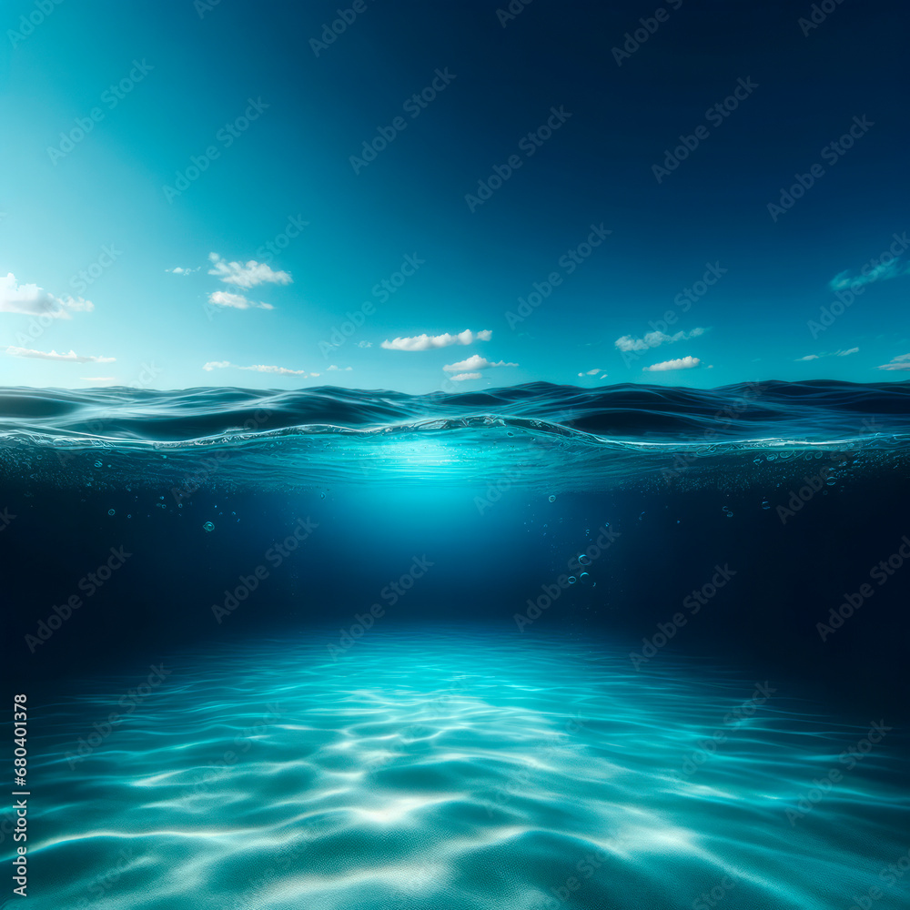 Submerged view with sunrays and gentle waves. Serene underwater background. Calmness concept. Generative AI
