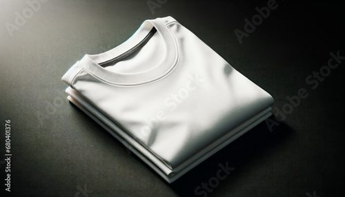Folded white t-shirt on dark textured background, highlighting the fabric quality. Generative AI