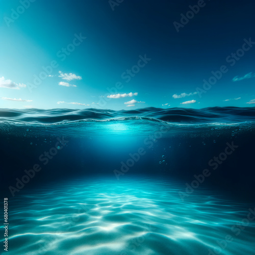 Submerged view with sunrays and gentle waves. Serene underwater background. Calmness concept. Generative AI