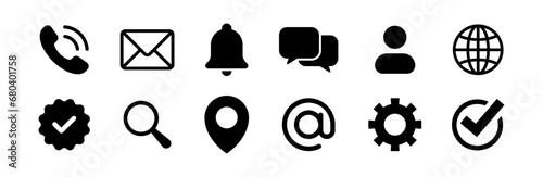 Contact us icon set. Web icons , address, call, location, globe, world, message, mail, envelope, chat, check mark, search, magnifying glass, website, icon - Contact information icons for business card