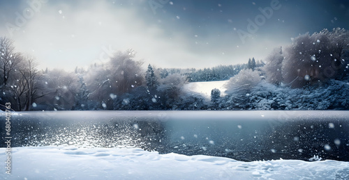 winter landscape with snow and trees Create an enchanting scene of a snowfall over a frozen lake." © Sarang