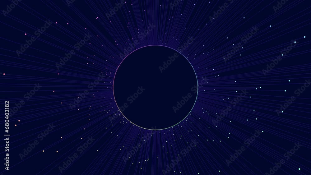 Abstract image of a purple and blue background with a central circle emitting lines of light