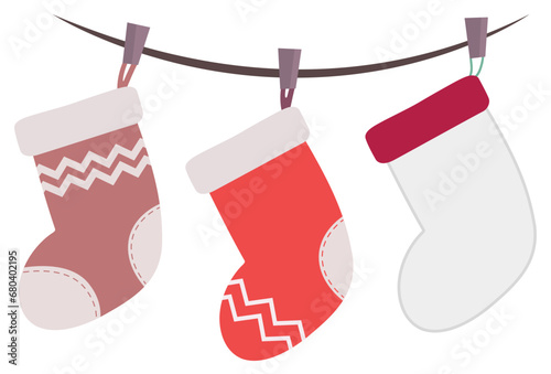 Hanging christmas stocking for christmas card, gift bag or box design. Christmas socks garland isolated on white background, vector illustration