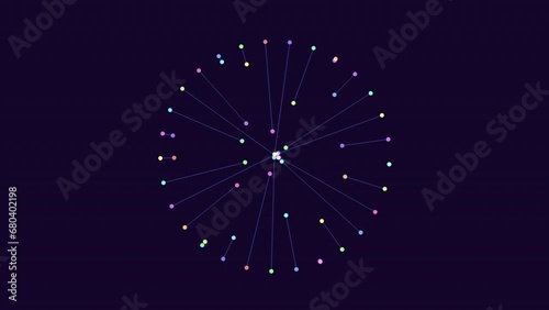 Colorful dots arranged in a spiral pattern, connected by lines forming a circular shape. A visually captivating image symbolizing a network or interconnected system