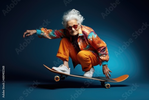 une femme âgée aux cheveux gris faisant du skateboard, adoptant une posture dynamique et active. photo
