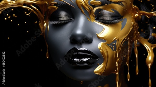 Portrait graphique femme noir avec peinture or qui coule sur le visage photo