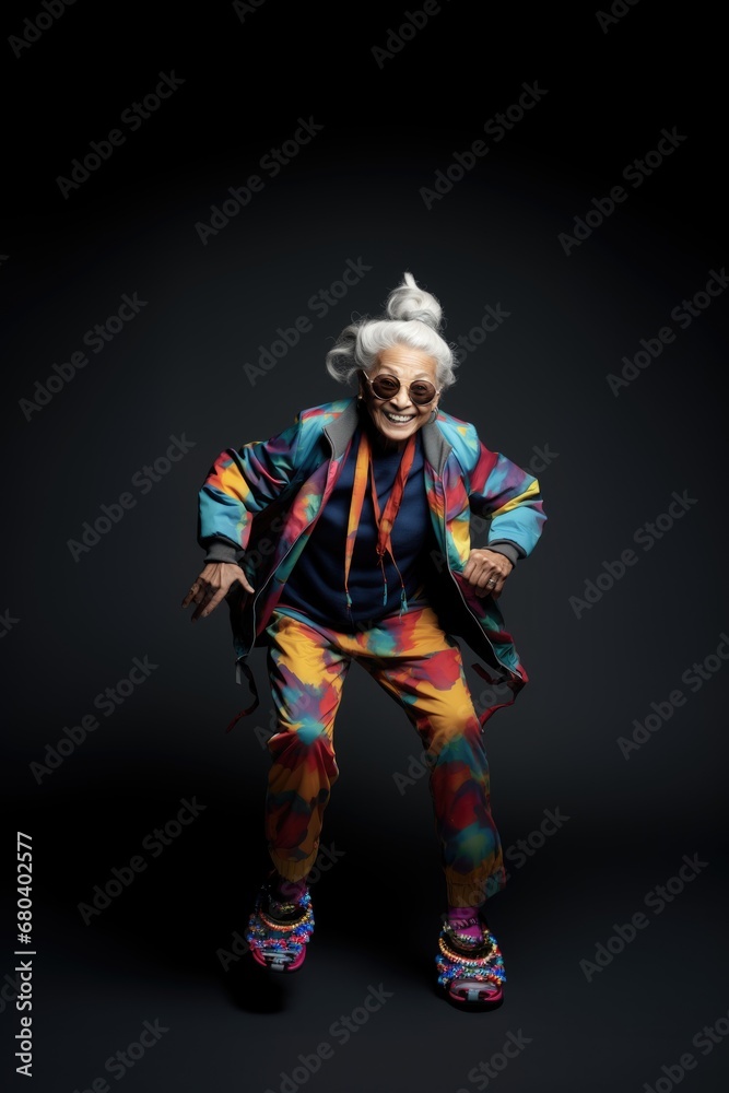 Grand mère qui dans du hip hop, rap avec des vêtement multi couleur et joyeux