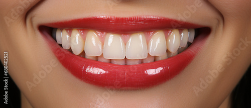Close up of beautiful female lips with white teeth. Teeth whitening concept