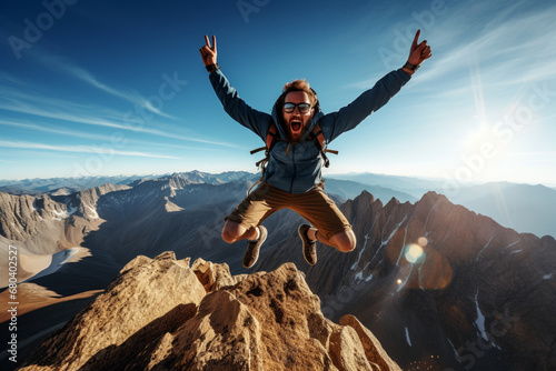 male hiker jumping on the mountaintop after a successful summit achievement 