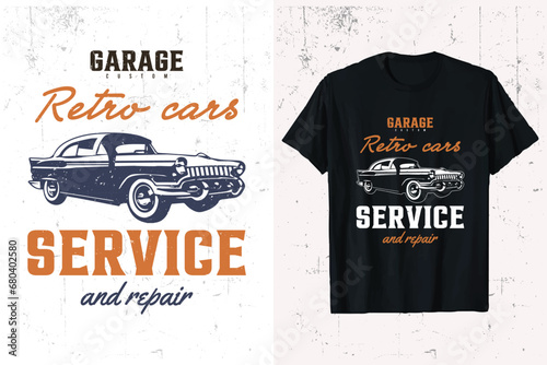 Retro Vintage Car T-shirt Design. Old Classic car vector t-shirt graphic. American classic cars tee shirt template.
