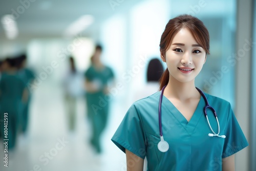 Beautiful​ asia nurse with people​ blur background, copy​space​