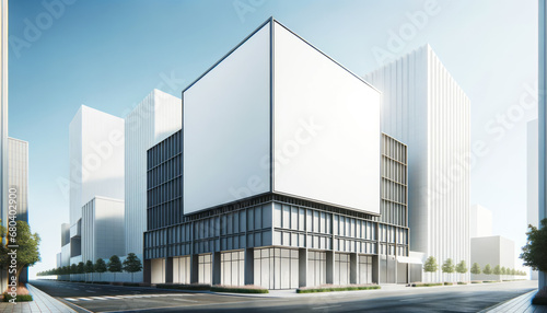 Minimalist building facade with large blank billboard mockup. Clear sky, urban architecture concept. Generative AI