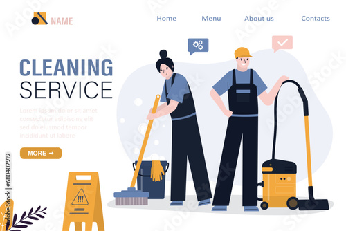 Cheerful cleaning team with mop and vacuum cleaner. Group of janitors, cartoon characters. Staff dressed in uniform. Cleaning service, landing page template.