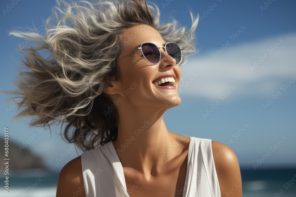 Une femme de 60 ans sénior avec les cheveux dans le vent en train de sourire en extérieur sur la plage Une femme de 60 ans sénior avec les cheveux dans le vent en train de sourire en extérieur sur la plage