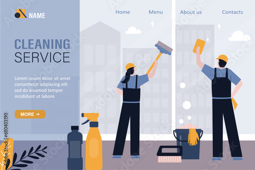Cleaning service, landing page template. Team man and woman janitors cleaners cleaning windows with cleaning tools. Staff washing windows in office or apartment.