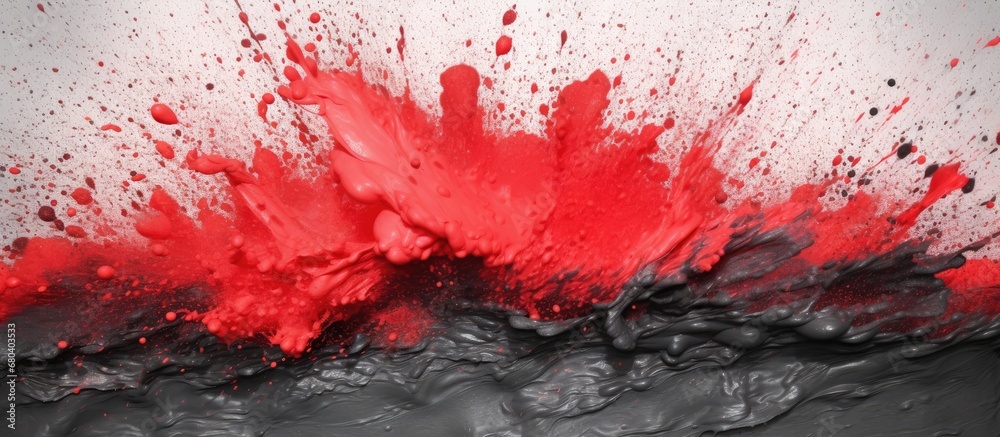 artists background, a hand applied black paint with a brush on textured paper, creating a creative illustration of an ocean splash in red. artists background, a hand applied black paint with a brush on textured paper, creating a creative illustration of an ocean splash in red.