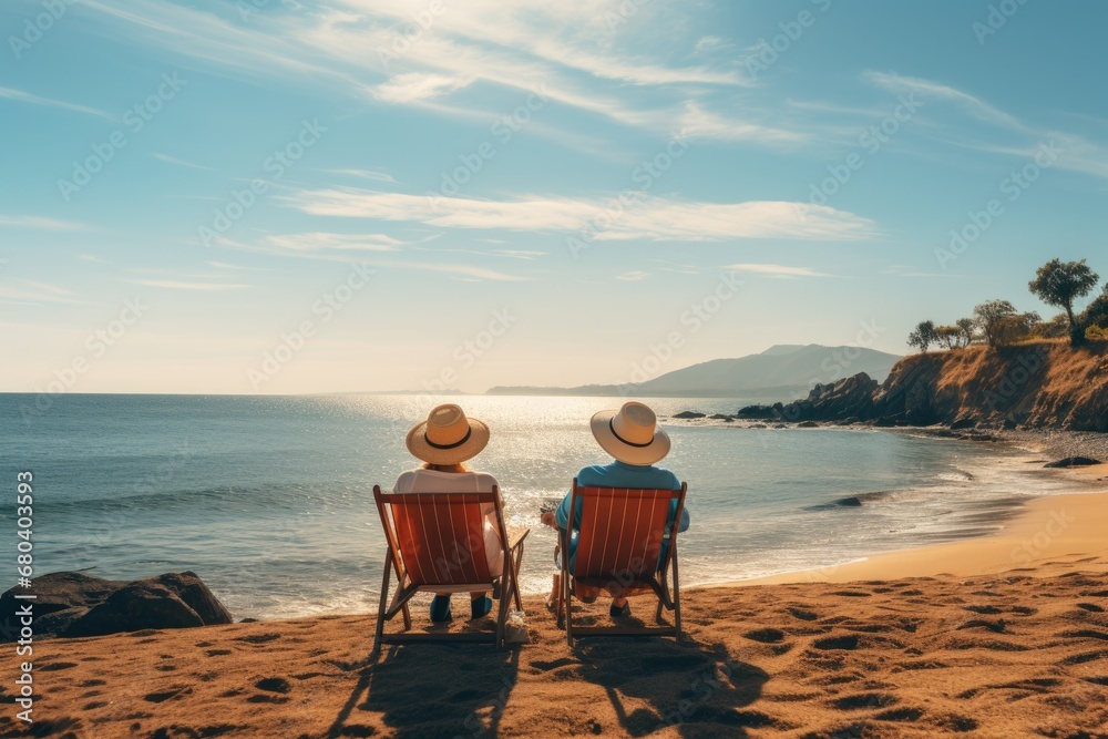 Un homme et une femme en couple assis dans des transats face à la mer en vacance