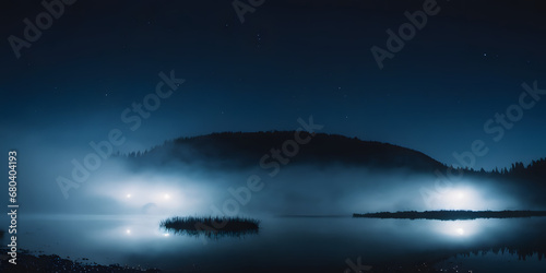 Serene Nighttime Lake Scene Perfect for Dark Background with Mist Over Water and Forested Mountains Under a Starry Sky
