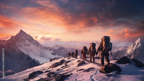 Group of toursit trekkers hiking on snow mountain with sun rise background. Travel vocation adventure in the nature. photo