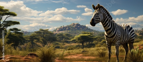 In the vast expanse of Africa's grassland, a majestic zebra, with its distinctive black and white stripes, gracefully grazes on the lush vegetation, blending seamlessly into the natural environment photo