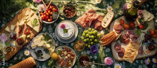 In a lush natural setting, a vintage picnic blanket was spread out on the grass for a retro-themed celebration. From a top view, a delectable meal was prepared, showcasing an appetizing array of