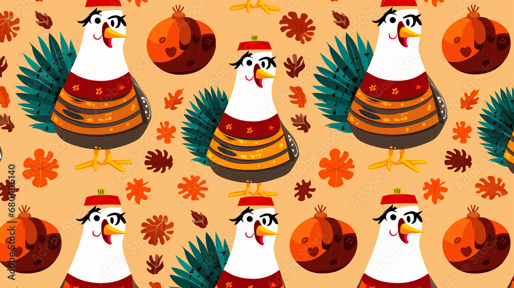 Groovy Cartoon Turkey Seamless Vector Illustration for Thanksgiving Celebration and Festive Design