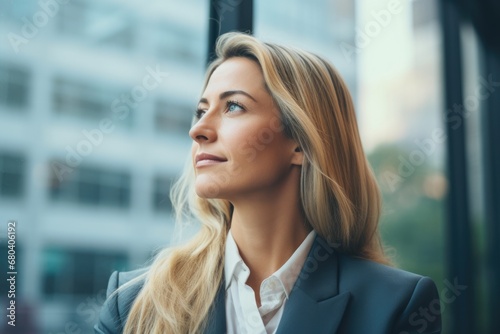 wealthy female young businesswoman looking away with optimism thinking in future investments and ventures photo