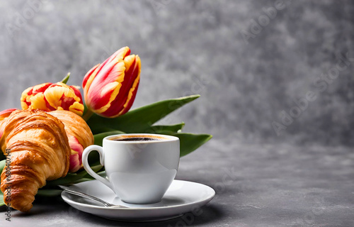 Cozy Coffee Break with Flowers and Croissant, 
Coffee, Croissant, and Blooms on a Table, 
Relaxing Morning with Coffee, Flowers, and Pastry, 
Coffee Time with Fresh Flowers and a Delicious Croissan