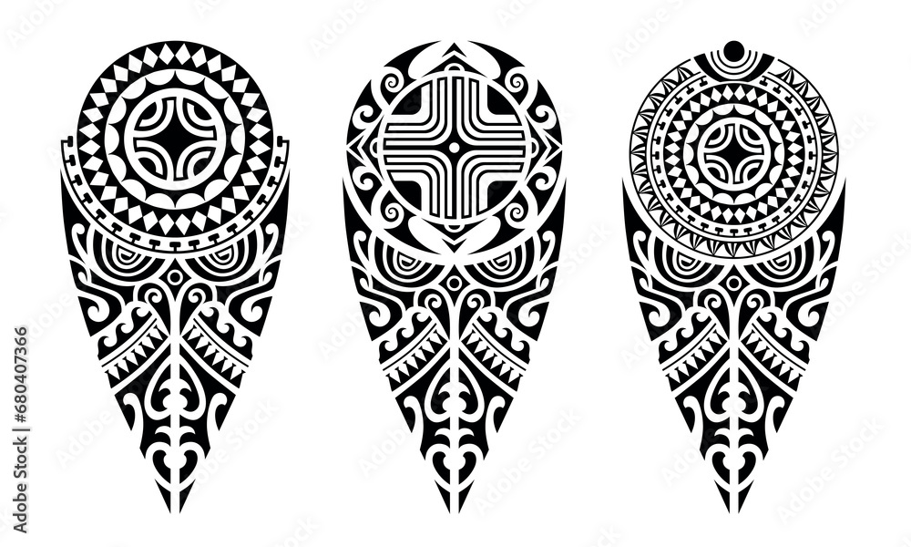 Set of tattoo sketch maori style for leg or shoulder with swastika. Black and white.