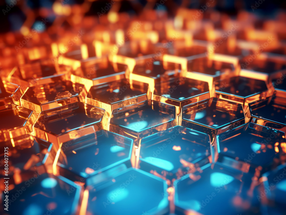 Golden hexagons on blue tech background. Geometric pattern and innovation concept. Generative AI Golden hexagons on blue tech background. Geometric pattern and innovation concept. Generative AI