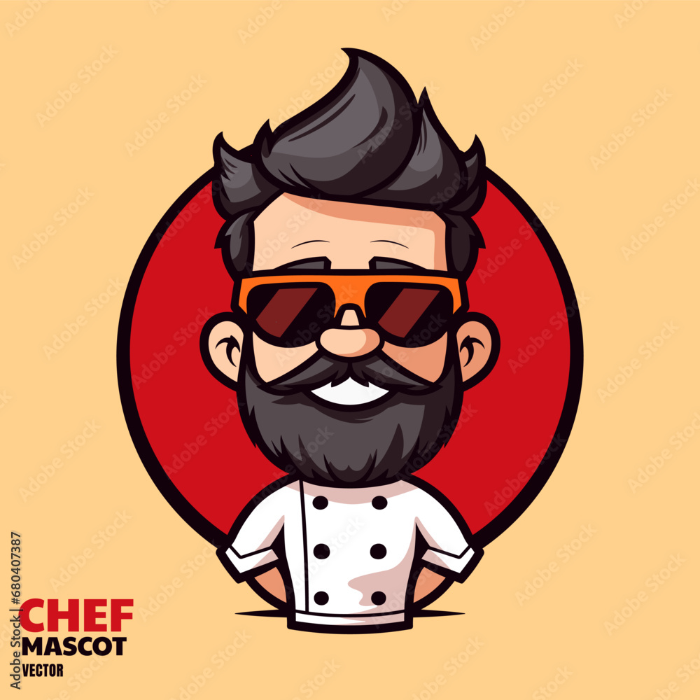 Mascot logo of handsome chef with smile face, masculine man, character illustration for t shirt