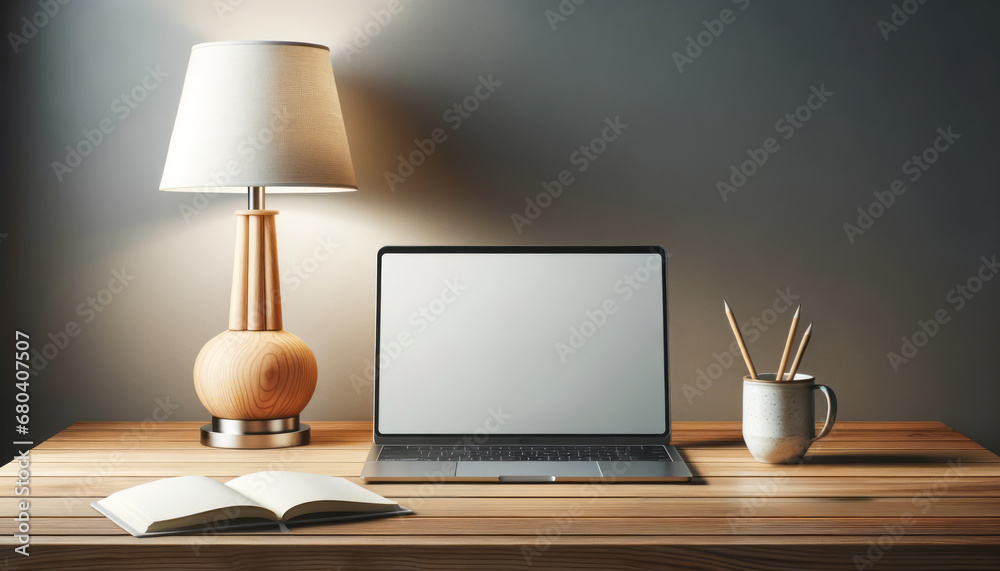 Stylish home office featuring laptop and designer lamp on wooden background. Cozy atmosphere. Generative AI Stylish home office featuring laptop and designer lamp on wooden background. Cozy atmosphere. Generative AI