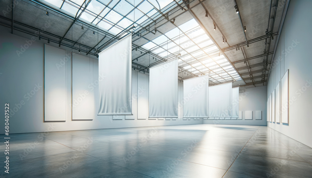 Spacious exhibition hall with cascading white banners. Industrial chic. Vastness concept. Generative AI